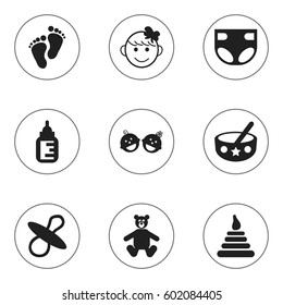 Set Of 9 Editable Infant Icons. Includes Symbols Such As Nursing Bottle, Nappy, Cheerful Child And More. Can Be Used For Web, Mobile, UI And Infographic Design.