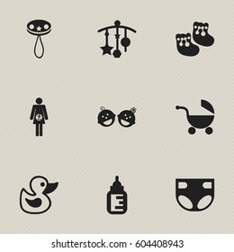 Set Of 9 Editable Infant Icons. Includes Symbols Such As Nursing Bottle, Rattle, Adorn And More. Can Be Used For Web, Mobile, UI And Infographic Design.