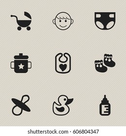 Set Of 9 Editable Infant Icons. Includes Symbols Such As Shoes For Babies, Pinafore, Stroller And More. Can Be Used For Web, Mobile, UI And Infographic Design.