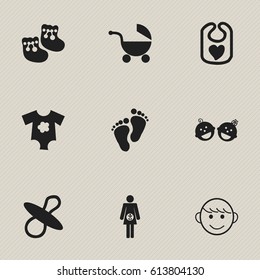 Set Of 9 Editable Infant Icons. Includes Symbols Such As Merry Children, Stroller, Small Dresses And More. Can Be Used For Web, Mobile, UI And Infographic Design.