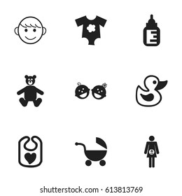 Set Of 9 Editable Infant Icons. Includes Symbols Such As Nursing Bottle, Pregnancy, Bath Toys And More. Can Be Used For Web, Mobile, UI And Infographic Design.