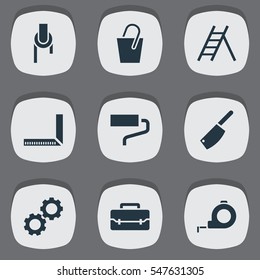 Set Of 9 Editable Instrument Icons. Includes Symbols Such As Band, Cleaver , Toolbox. Can Be Used For Web, Mobile, UI And Infographic Design.
