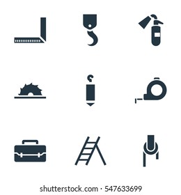Set Of 9 Editable Instrument Icons. Includes Symbols Such As Sheave, Measure, Staircase And More. Can Be Used For Web, Mobile, UI And Infographic Design.