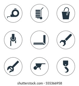 Set Of 9 Editable Instrument Icons. Includes Symbols Such As Sheave, Handle , Measure. Can Be Used For Web, Mobile, UI And Infographic Design.