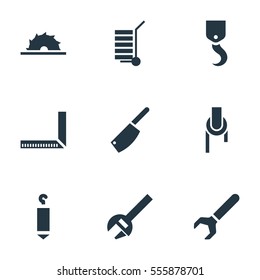 Set Of 9 Editable Instrument Icons. Includes Symbols Such As Crane, Sheave, Measure And More. Can Be Used For Web, Mobile, UI And Infographic Design.
