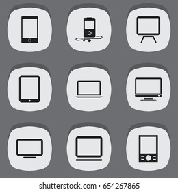 Set Of 9 Editable Instrument Icons. Includes Symbols Such As Tablet Phone, Telephone, Mp3 Player And More. Can Be Used For Web, Mobile, UI And Infographic Design.