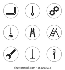 Set Of 9 Editable Instrument Icons. Includes Symbols Such As Staircase, Skimmer, Pruning Shears And More. Can Be Used For Web, Mobile, UI And Infographic Design.