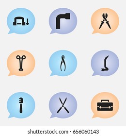 Set Of 9 Editable Instrument Icons. Includes Symbols Such As Wheel Wrench, Clamp, Jimmy And More. Can Be Used For Web, Mobile, UI And Infographic Design.