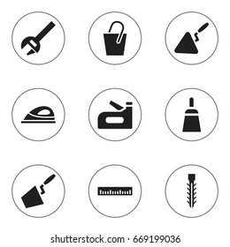 Set Of 9 Editable Instrument Icons. Includes Symbols Such As Chisel Scraper, Screw, Carpenter And More. Can Be Used For Web, Mobile, UI And Infographic Design.