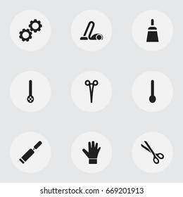 Set Of 9 Editable Instrument Icons. Includes Symbols Such As Gauntlet, Spoon, Shear And More. Can Be Used For Web, Mobile, UI And Infographic Design.