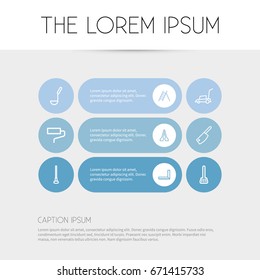 Set Of 9 Editable Instrument Icons. Includes Symbols Such As Tongs, Lawn Mower, Stairway And More. Can Be Used For Web, Mobile, UI And Infographic Design.