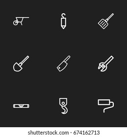 Set Of 9 Editable Instrument Icons. Includes Symbols Such As Snow Trowel, Balance, Winch And More. Can Be Used For Web, Mobile, UI And Infographic Design.