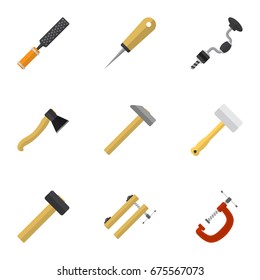 Set Of 9 Editable Instrument Icons. Includes Symbols Such As Bodkin, Axe, Tool And More. Can Be Used For Web, Mobile, UI And Infographic Design.