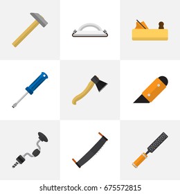 Set Of 9 Editable Instrument Icons. Includes Symbols Such As Jointer, Boer, Emery Paper And More. Can Be Used For Web, Mobile, UI And Infographic Design.
