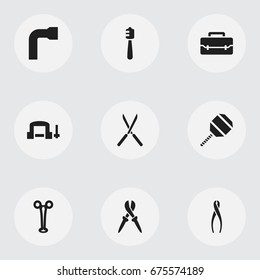 Set Of 9 Editable Instrument Icons. Includes Symbols Such As Garden Scissors, Pliers, Clamp And More. Can Be Used For Web, Mobile, UI And Infographic Design.