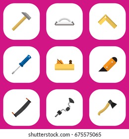 Set Of 9 Editable Instrument Icons. Includes Symbols Such As Emery Paper, Axe, Hammer And More. Can Be Used For Web, Mobile, UI And Infographic Design.