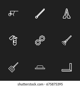 Set Of 9 Editable Instrument Icons. Includes Symbols Such As Fire Safety, Rake, Cogwheel And More. Can Be Used For Web, Mobile, UI And Infographic Design.
