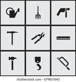 Set Of 9 Editable Instrument Icons. Includes Symbols Such As Handsaw, Repairing Tool, Crane. Can Be Used For Web, Mobile, UI And Infographic Design.