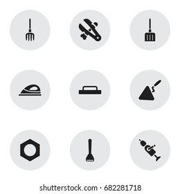 Set Of 9 Editable Instrument Icons. Includes Symbols Such As Internal Screw, Trowel, Potato Peeler And More. Can Be Used For Web, Mobile, UI And Infographic Design.