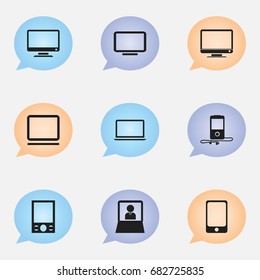 Set Of 9 Editable Instrument Icons. Includes Symbols Such As Smartphone, Mp3 Player, Monitor And More. Can Be Used For Web, Mobile, UI And Infographic Design.