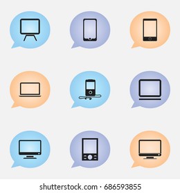 Set Of 9 Editable Instrument Icons. Includes Symbols Such As Music Phone, Tv, Telephone And More. Can Be Used For Web, Mobile, UI And Infographic Design.