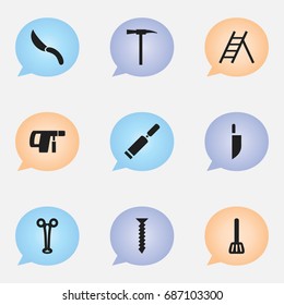 Set Of 9 Editable Instrument Icons. Includes Symbols Such As Jackknife, Staircase, Pickaxes And More. Can Be Used For Web, Mobile, UI And Infographic Design.