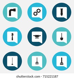 Set Of 9 Editable Instrument Icons. Includes Symbols Such As Equipment, Cogwheel, Hay Fork And More. Can Be Used For Web, Mobile, UI And Infographic Design.