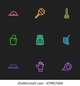 Set Of 9 Editable Instrument Outline Icons. Includes Symbols Such As Grater, Drill, Carriage And More. Can Be Used For Web, Mobile, UI And Infographic Design.