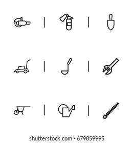 Set Of 9 Editable Instrument Outline Icons. Includes Symbols Such As Fire Safety, Rotating Bit, Lawn Mower And More. Can Be Used For Web, Mobile, UI And Infographic Design.