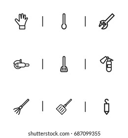 Set Of 9 Editable Instrument Outline Icons. Includes Symbols Such As Tablespoon, Fire Safety, Wrench And More. Can Be Used For Web, Mobile, UI And Infographic Design.