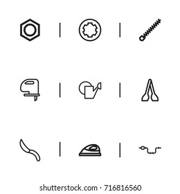 Set Of 9 Editable Instrument Outline Icons. Includes Symbols Such As Setting, Saw, Plumbing And More. Can Be Used For Web, Mobile, UI And Infographic Design.