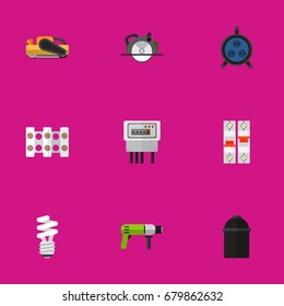 Set Of 9 Editable Instruments Flat Icons. Includes Symbols Such As Receptacle, Sandblast, Borer. Can Be Used For Web, Mobile, UI And Infographic Design.