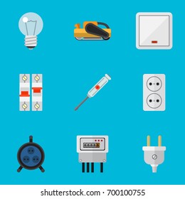 Set Of 9 Editable Instruments Flat Icons. Includes Symbols Such As Sandblast, Bulb, Socket. Can Be Used For Web, Mobile, UI And Infographic Design.