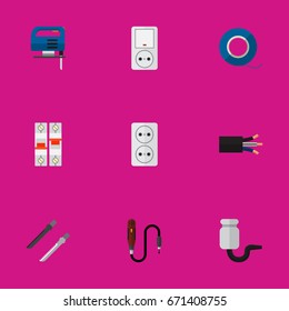 Set Of 9 Editable Instruments Icons. Includes Symbols Such As Wire, Socket, Fretsaw And More. Can Be Used For Web, Mobile, UI And Infographic Design.