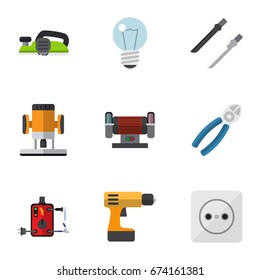Set Of 9 Editable Instruments Icons. Includes Symbols Such As Bulb, Jointer, Nipper And More. Can Be Used For Web, Mobile, UI And Infographic Design.