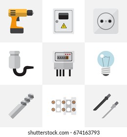 Set Of 9 Editable Instruments Icons. Includes Symbols Such As Auger, Screwdriver, Fretsaw And More. Can Be Used For Web, Mobile, UI And Infographic Design.