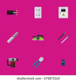 Set Of 9 Editable Instruments Icons. Includes Symbols Such As Nipper, Geodesist, Jointer And More. Can Be Used For Web, Mobile, UI And Infographic Design.