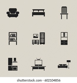 Set Of 9 Editable Interior Icons. Includes Symbols Such As Tv, Cabinet, Lamp And More. Can Be Used For Web, Mobile, UI And Infographic Design.