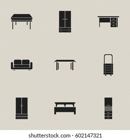 Set Of 9 Editable Interior Icons. Includes Symbols Such As Wall Mirror, Cabinet, Bearings And More. Can Be Used For Web, Mobile, UI And Infographic Design.