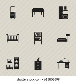 Set Of 9 Editable Interior Icons. Includes Symbols Such As Interior, Lamp, Wall Mirror And More. Can Be Used For Web, Mobile, UI And Infographic Design.