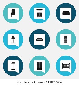 Set Of 9 Editable Interior Icons. Includes Symbols Such As Enlightenment, Canape, Material Cupboard And More. Can Be Used For Web, Mobile, UI And Infographic Design.