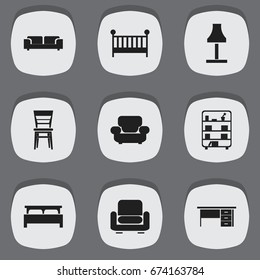 Set Of 9 Editable Interior Icons. Includes Symbols Such As Sofa, Lamp, Recliner And More. Can Be Used For Web, Mobile, UI And Infographic Design.