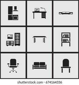 Set Of 9 Editable Interior Icons. Includes Symbols Such As Ergonomic Seat, Cuisine, Mattress And More. Can Be Used For Web, Mobile, UI And Infographic Design.