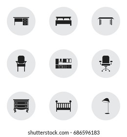 Set Of 9 Editable Interior Icons. Includes Symbols Such As Illuminant, Bearings, Trestle And More. Can Be Used For Web, Mobile, UI And Infographic Design.