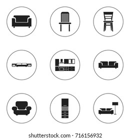 Set Of 9 Editable Interior Icons. Includes Symbols Such As Cooking Furnishings, Sofa, Lamp And More. Can Be Used For Web, Mobile, UI And Infographic Design.