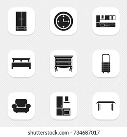 Set Of 9 Editable Interior Icons. Includes Symbols Such As Cabinet, Cooking Furnishings, Watch And More. Can Be Used For Web, Mobile, UI And Infographic Design.