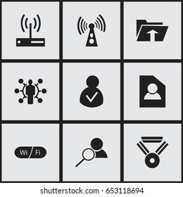 Set Of 9 Editable Internet Icons. Includes Symbols Such As Medal, Wireless Transmission, Access Allowed And More. Can Be Used For Web, Mobile, UI And Infographic Design.