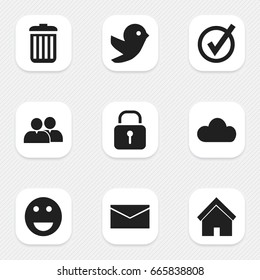 Set Of 9 Editable Internet Icons. Includes Symbols Such As Group, Recycle Bin, Dove And More. Can Be Used For Web, Mobile, UI And Infographic Design.