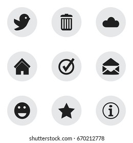 Set Of 9 Editable Internet Icons. Includes Symbols Such As Dove, Approved, Emoji And More. Can Be Used For Web, Mobile, UI And Infographic Design.