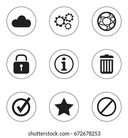 Set Of 9 Editable Internet Icons. Includes Symbols Such As Bookmark, Gear, Approved And More. Can Be Used For Web, Mobile, UI And Infographic Design.